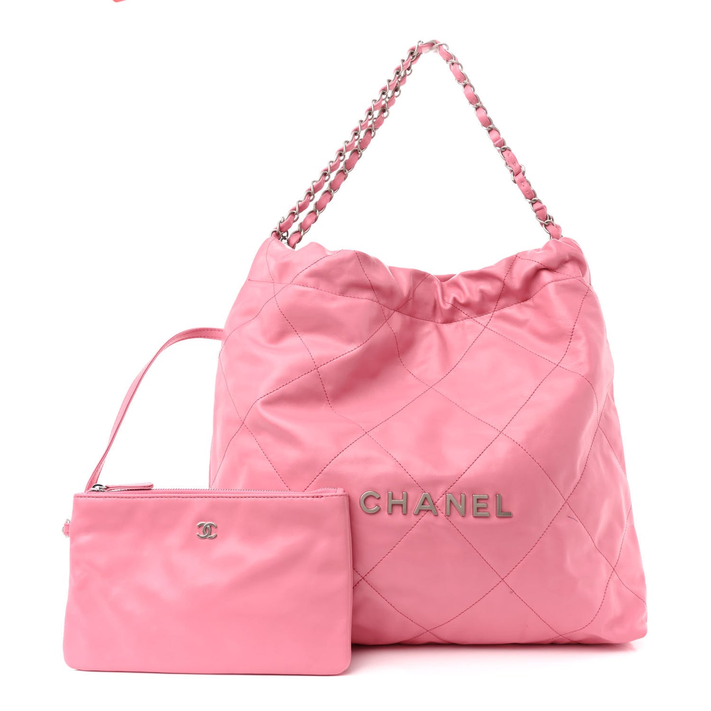 Shiny Calfskin Quilted Chanel 22 Drawstring Bag Pink