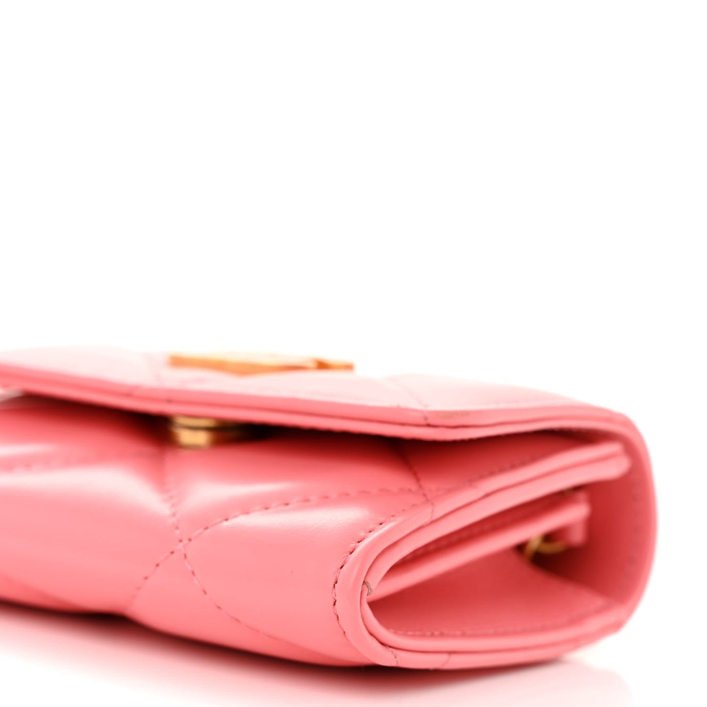 Lambskin Enamel Quilted Pending CC Card Holder On Chain Pink