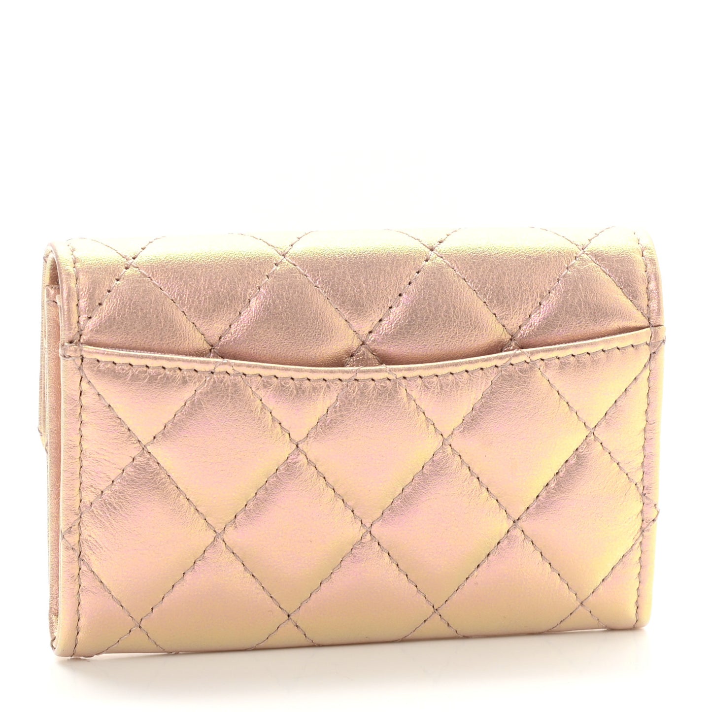Iridescent Calfskin Quilted Flap Card Holder Wallet Pink