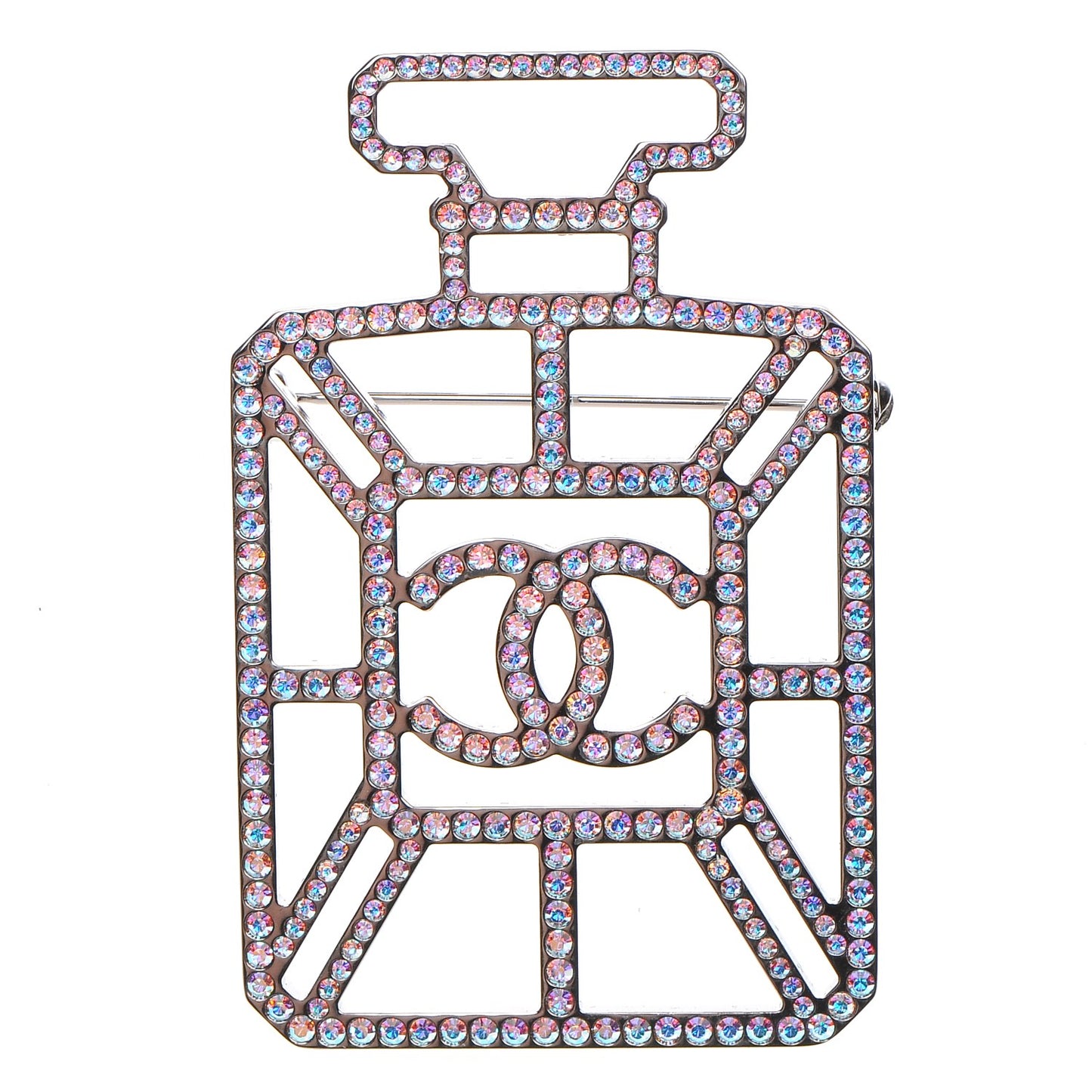 Crystal Perfume Bottle CC Brooch Silver