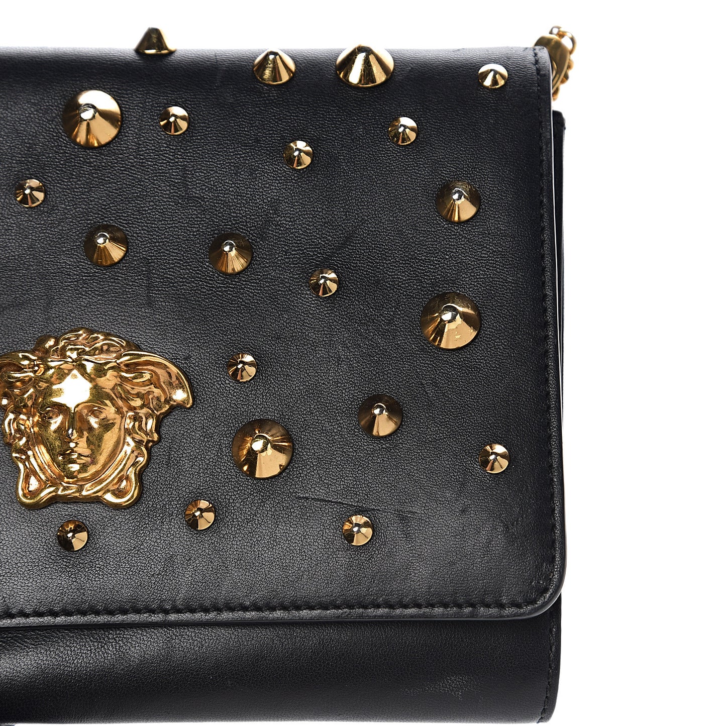 Vitello Studded Palazzo Medusa Evening Clutch Bag Black