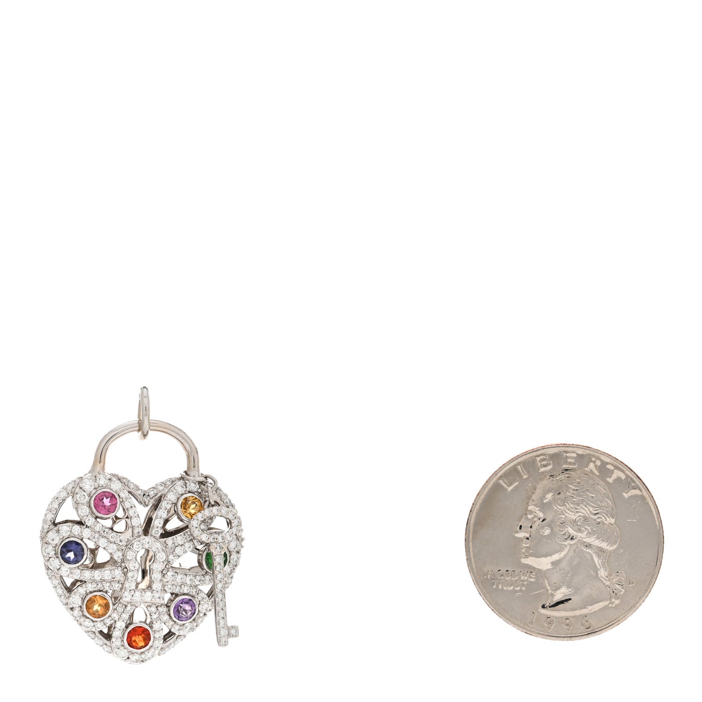 18K White Gold Diamond Multistone Filigree Heart Key Pendant