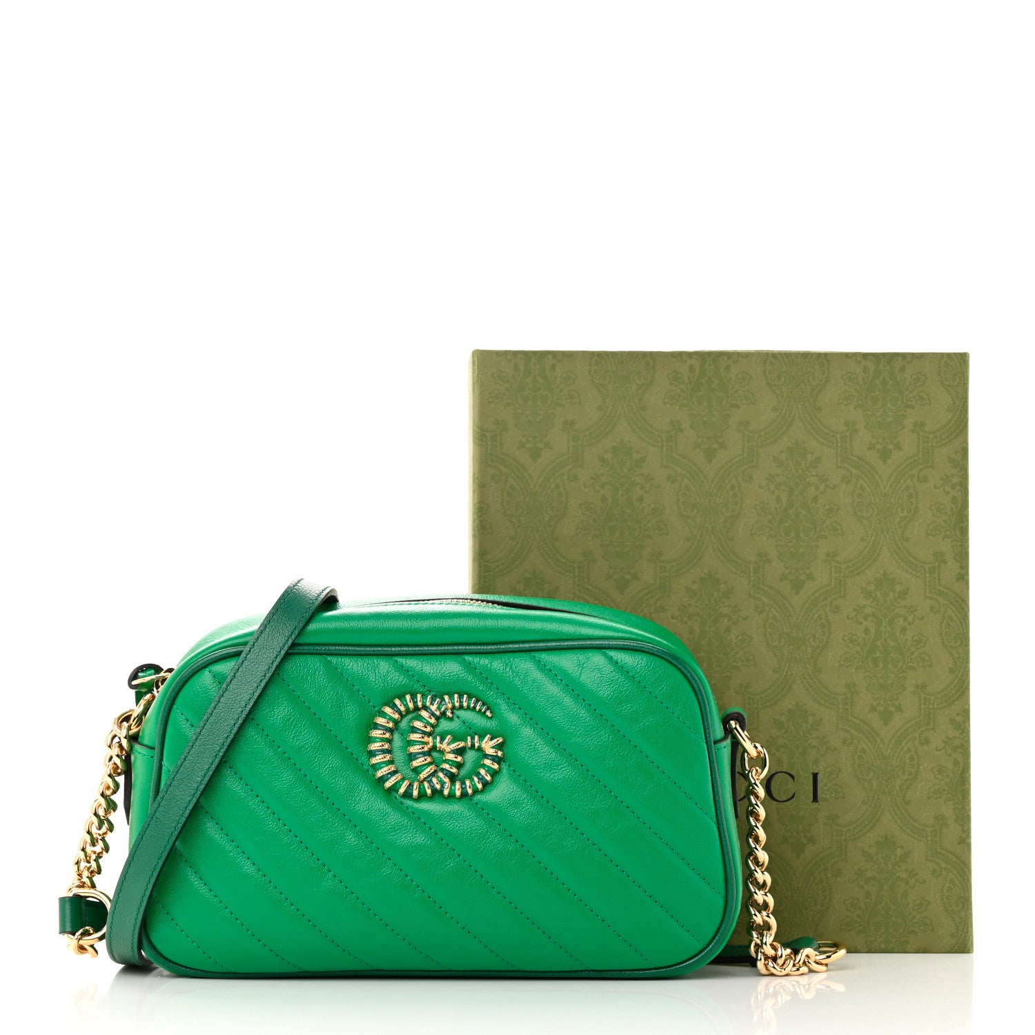 Gucci Azalea Calfskin Enamel Matelasse Diagonal Small Torchon GG Marmont Chain Shoulder Bag New Shamarock Emerald 12 of 12