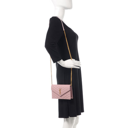 Saint Laurent Grain De Poudre Matelasse Chevron Monogram Envelope Chain Wallet Tender Pink 2 of 11
