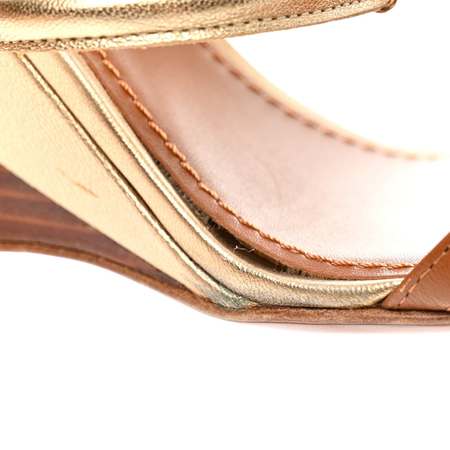 Metallic Calfskin Wood Wedge Sandals 36 Brown Gold
