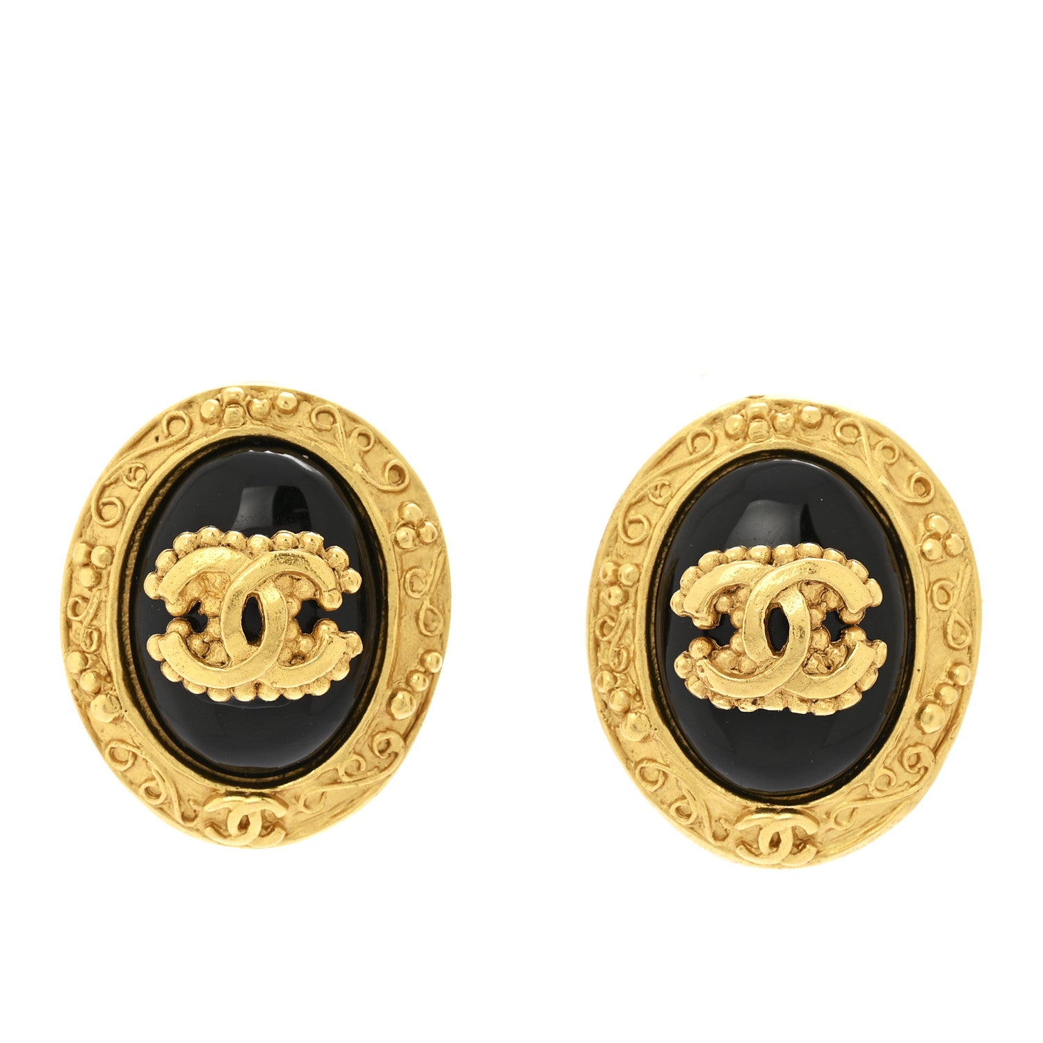 Chanel Enamel CC Oval Clip On Earrings Gold Black 1 of 4