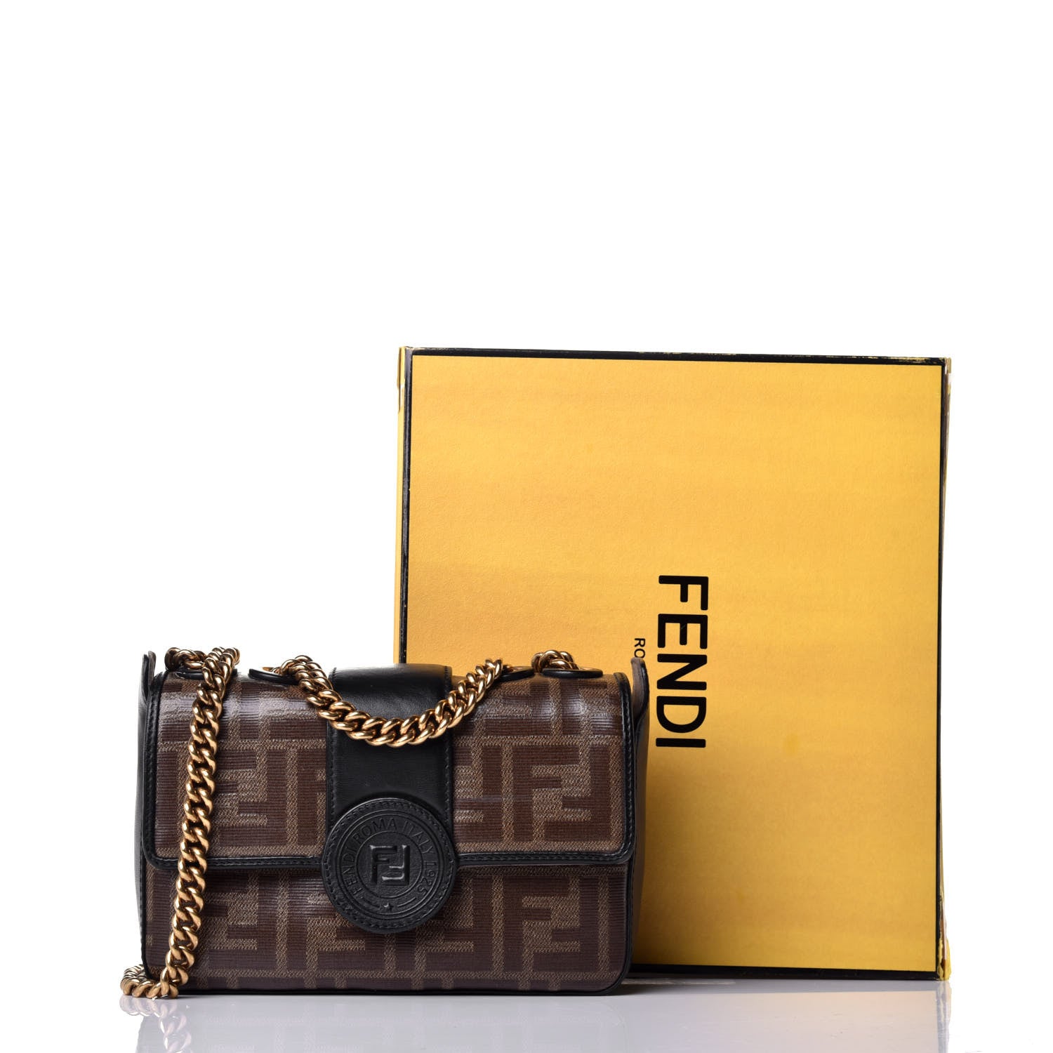 Fendi Glazed Fabric Vitello Century FF 1974 Stamp Patch Mini Double F Crossbody Bag Mogano Panna Black 9 of 9