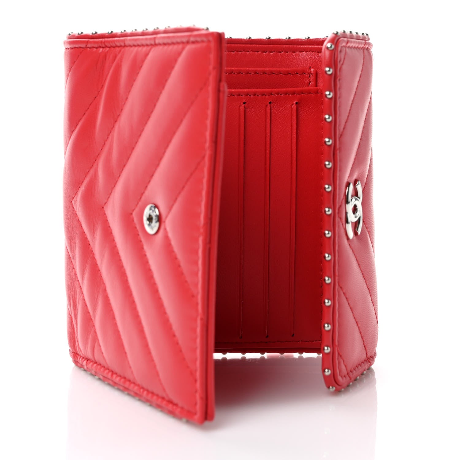 Chanel Lambskin Chevron Quilted Studded Compact Flap Wallet Red 6 of 9