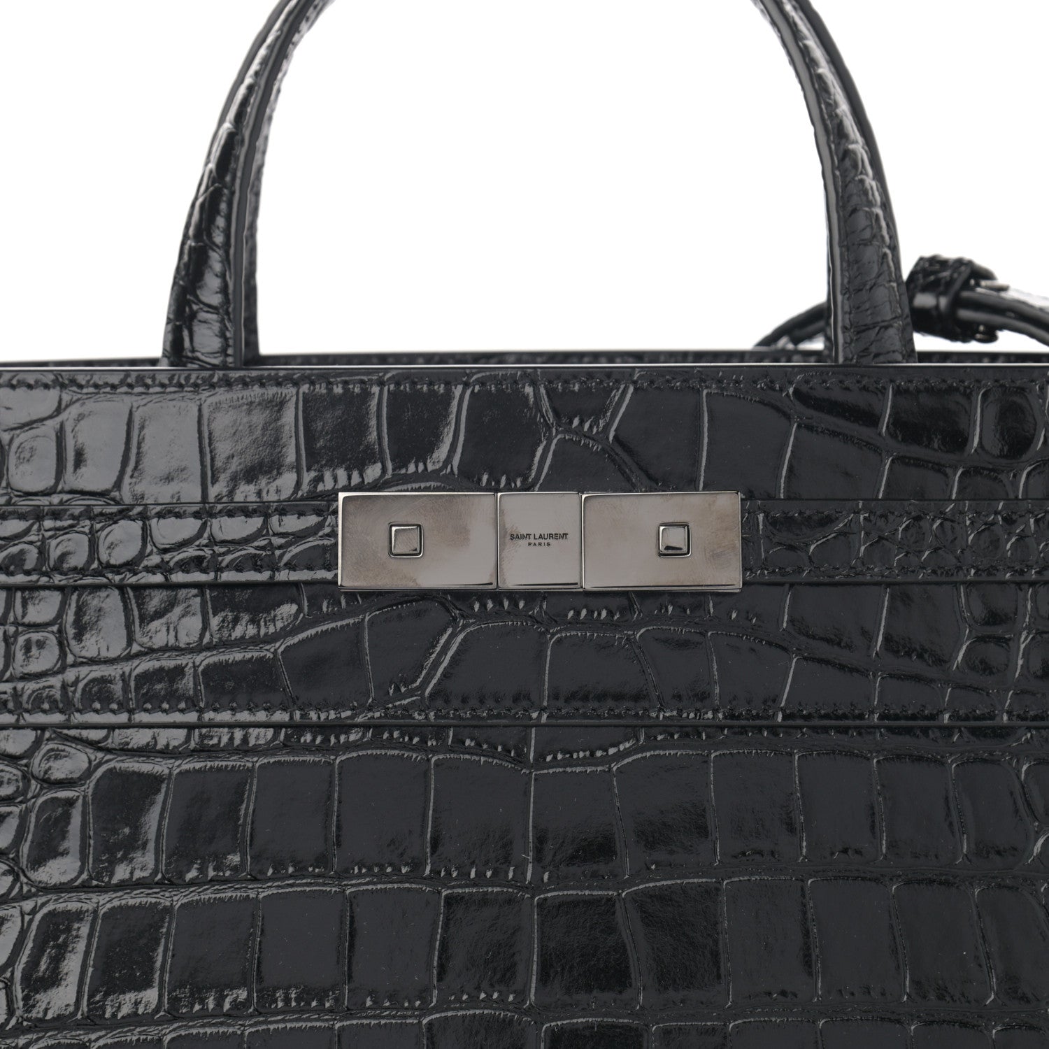 Saint Laurent Shiny Calfskin Crocodile Embossed Small Manhattan Shopper Tote Black 8 of 10