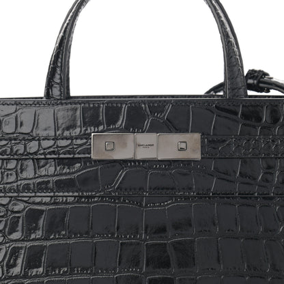 Saint Laurent Shiny Calfskin Crocodile Embossed Small Manhattan Shopper Tote Black 8 of 10