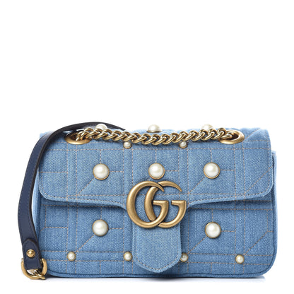 Gucci Denim Matelasse Pearl Studded Mini GG Marmont Shoulder Bag Blue 1 of 9