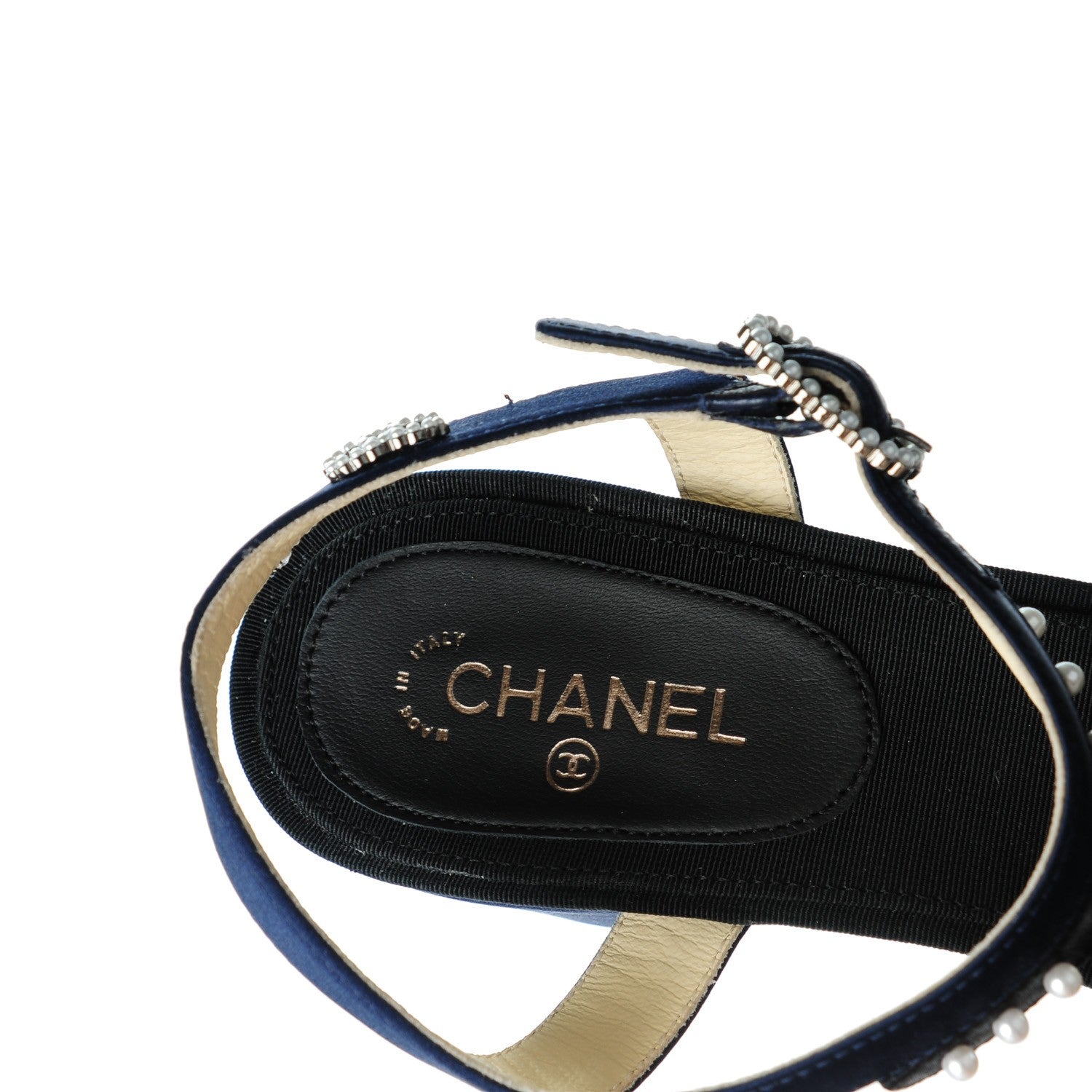 Chanel Satin Pearl Sandals 37.5 Black Navy 8 of 8