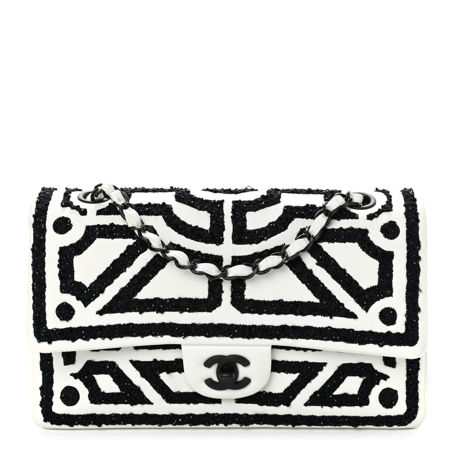 Lambskin Crystal Embroidered Medium Garden Of Versailles Double Flap Black White