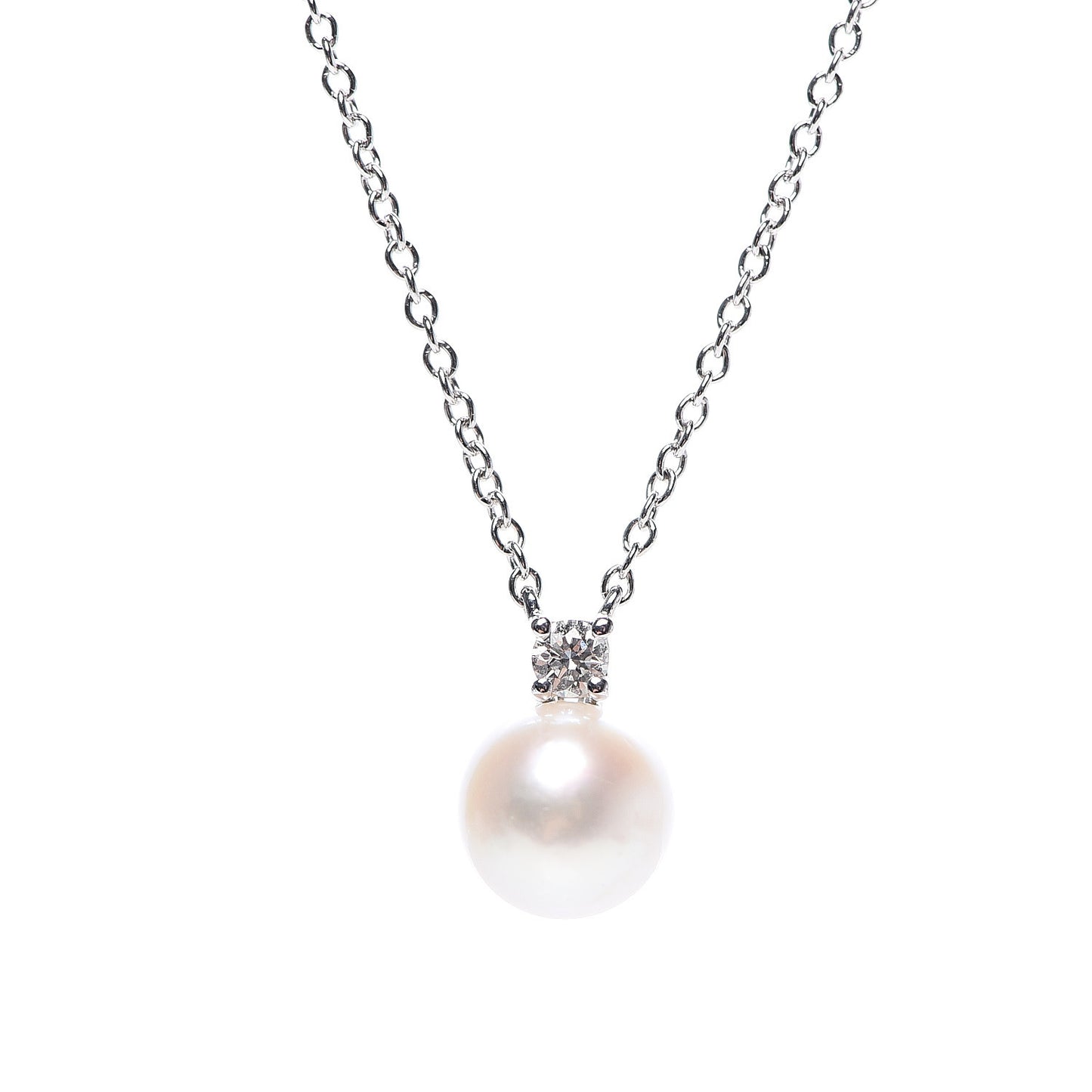 18K White Gold Pearl Diamond Freshwater Pearl 6.5-7mm Pendant Necklace
