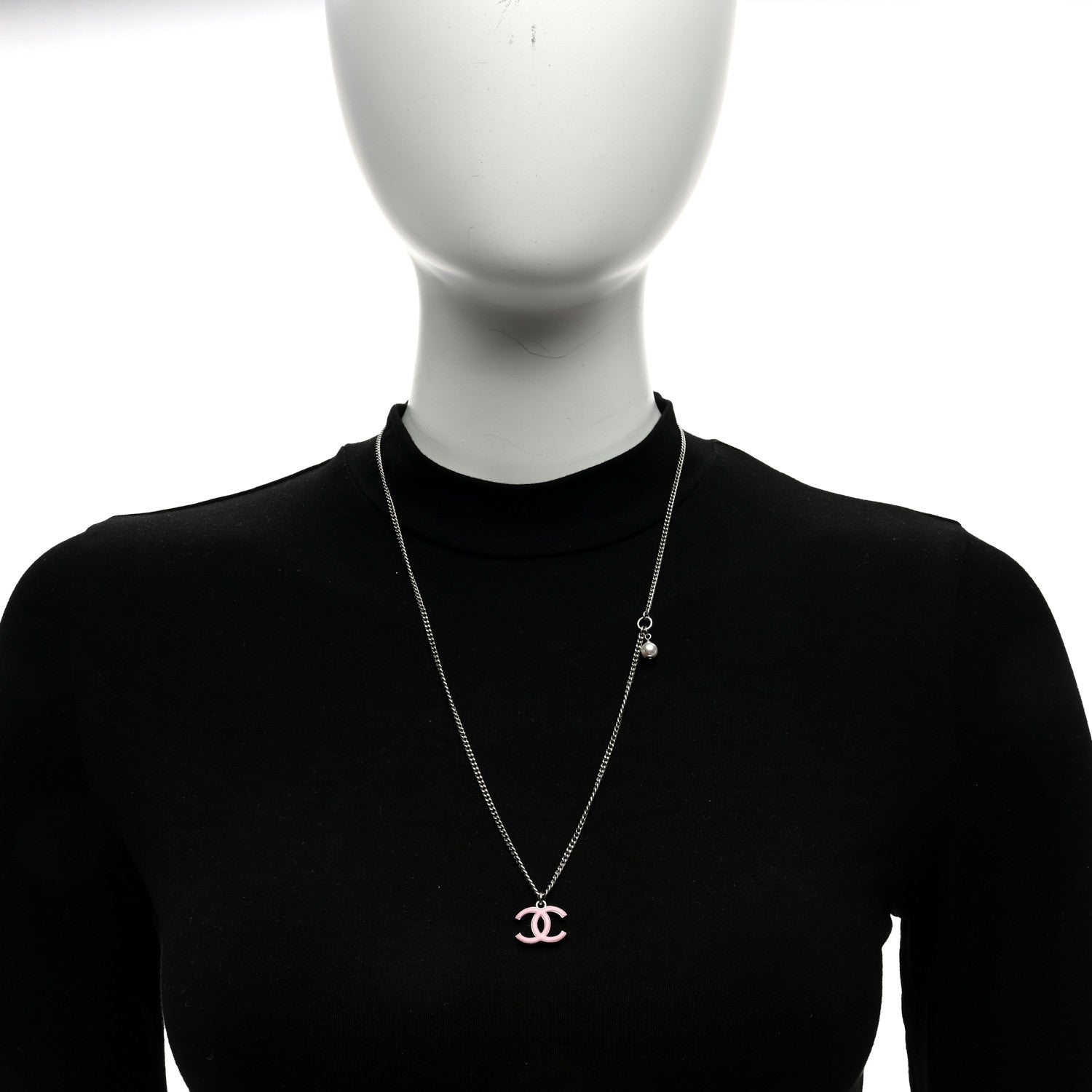 Chanel Crystal Pearl Enamel CC Pendant Necklace Pink Silver 3 of 4