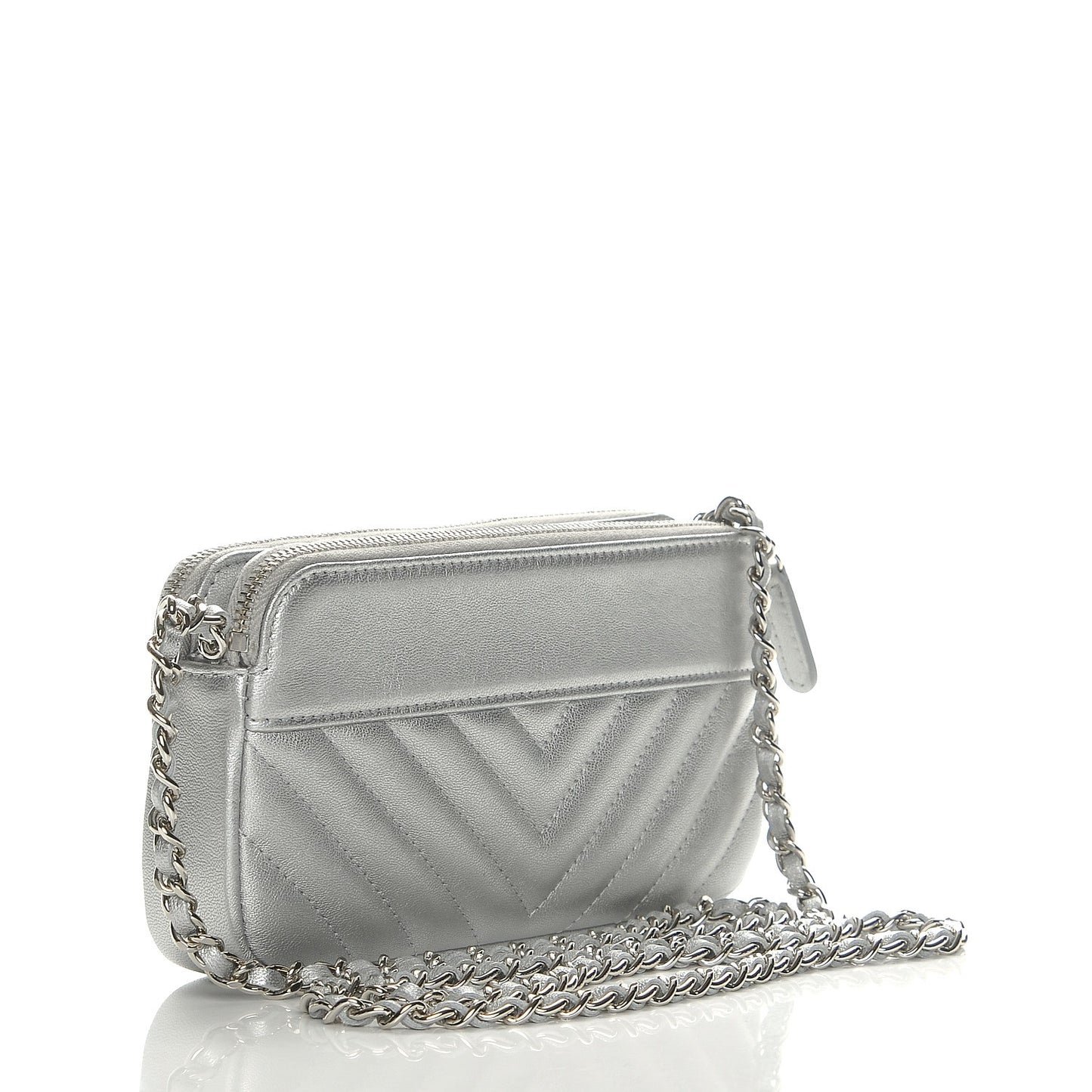 Metallic Sheepskin Chevron Quilted Small Clutch With Chain Silver