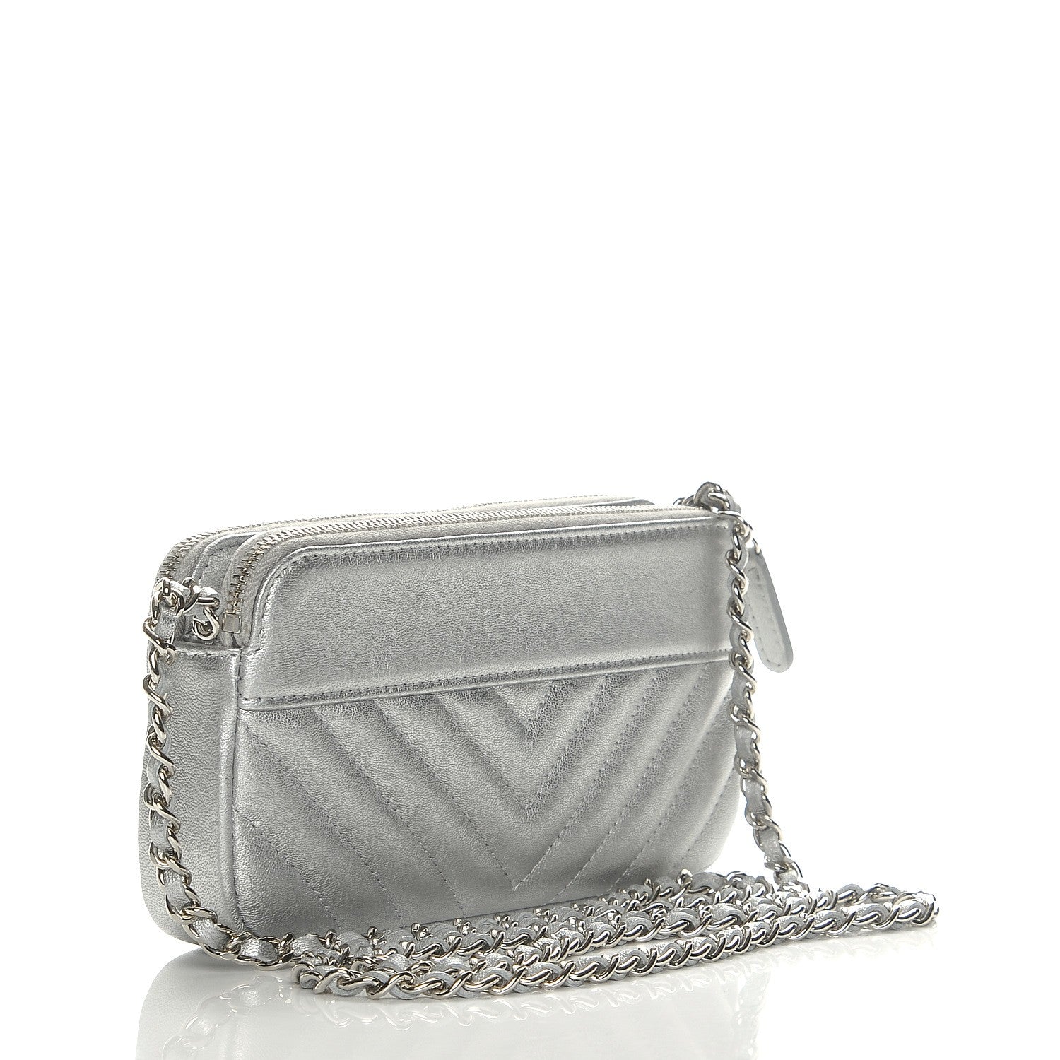 Chanel Metallic Sheepskin Chevron Quilted Small Clutch With Chain Silver 3 of 10