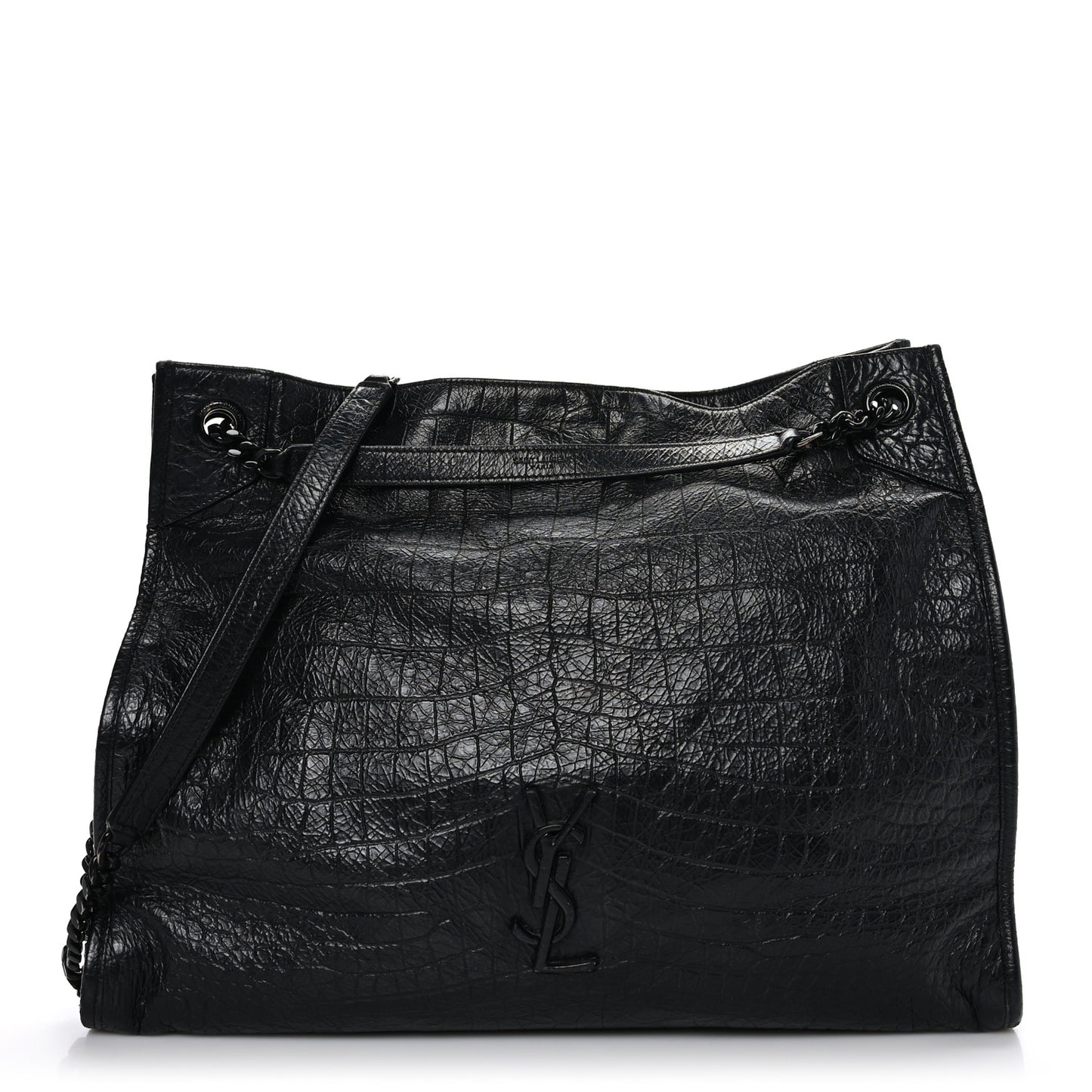 Calfskin Crocodile Embossed Monogram Large Niki Shopping Bag Black
