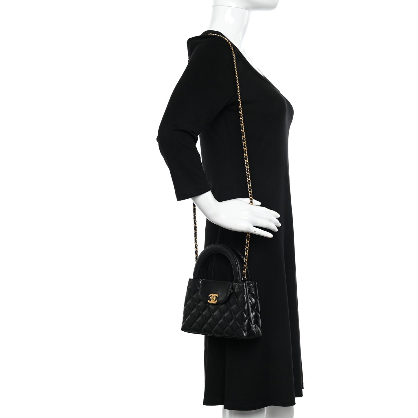 Shiny Aged Calfskin Quilted Nano Kelly Shopper Black