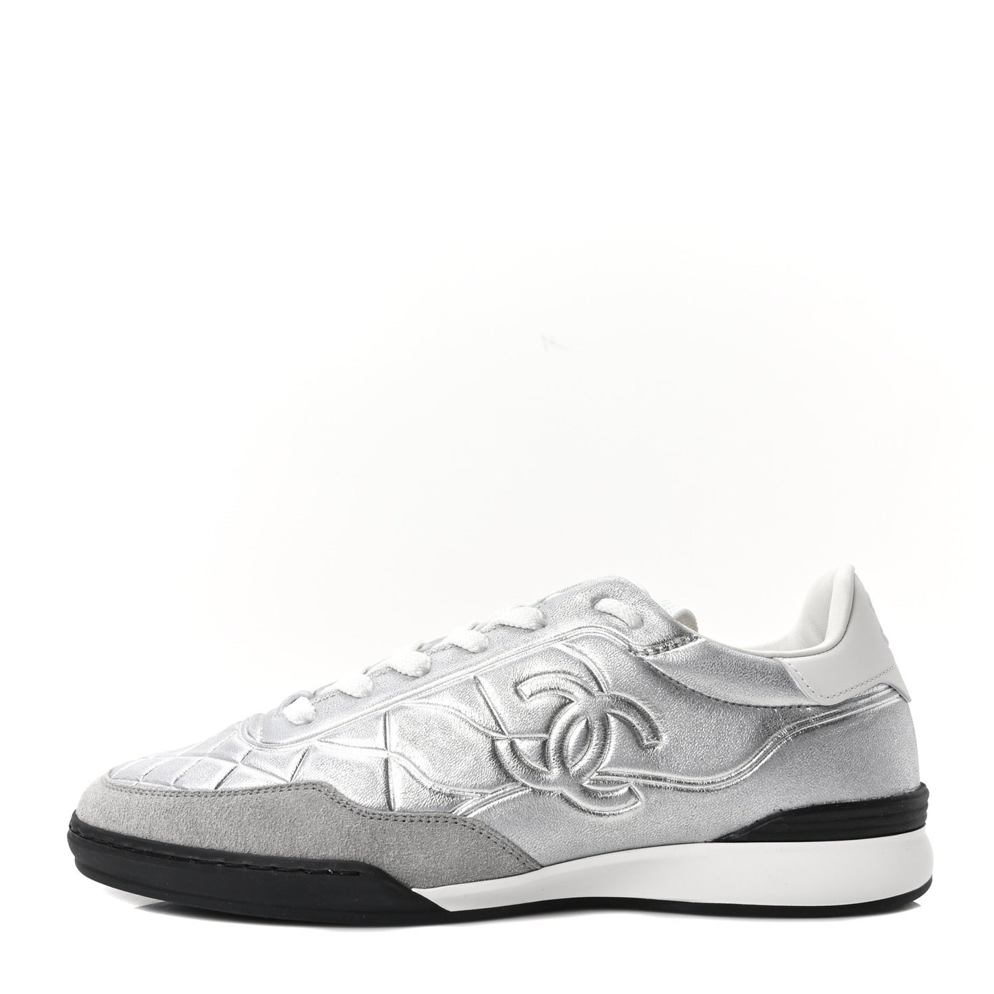 Laminated Lambskin Suede Quilted Womens CC Sneakers 37.5 Silver Gray