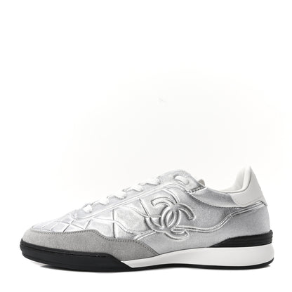 Chanel Laminated Lambskin Suede Quilted Womens CC Sneakers 37.5 Silver Gray 1 of 10