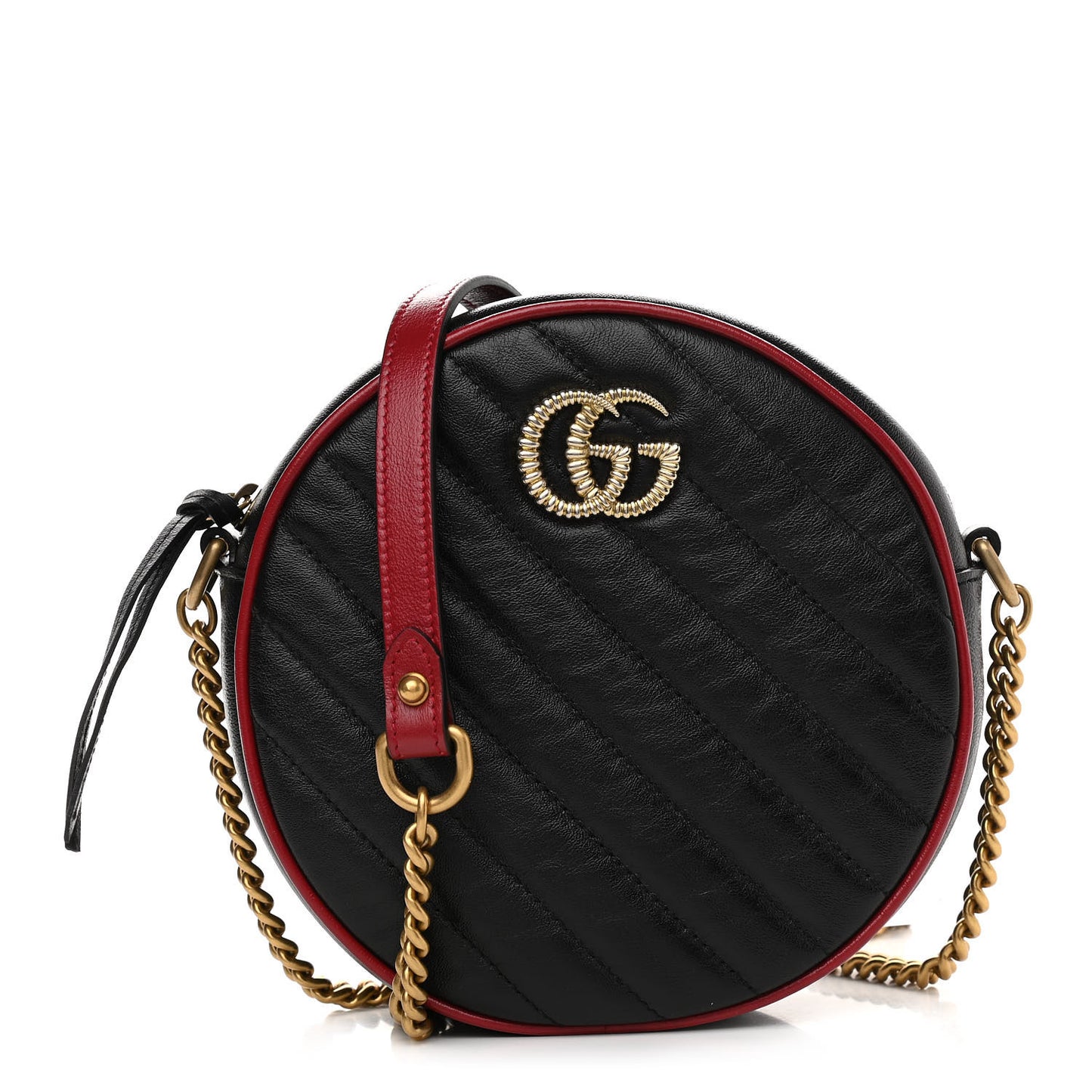 Vintage Effect Calfskin Matelasse Diagonal Mini Torchon GG Marmont Round Shoulder Bag Black Romantic Cherry