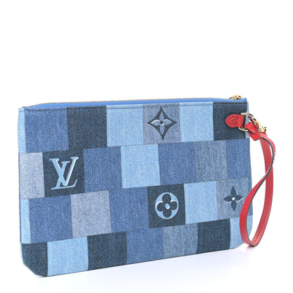 Louis Vuitton Denim Damier Monogram Patchwork Neverfull MM Pochette Blue Rouge 2 of 4