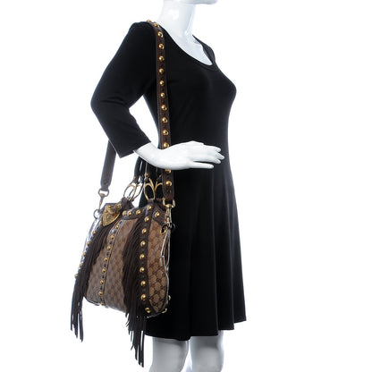 Gucci Crystal Monogram Fringe Babouska Satchel Brown 2 of 7
