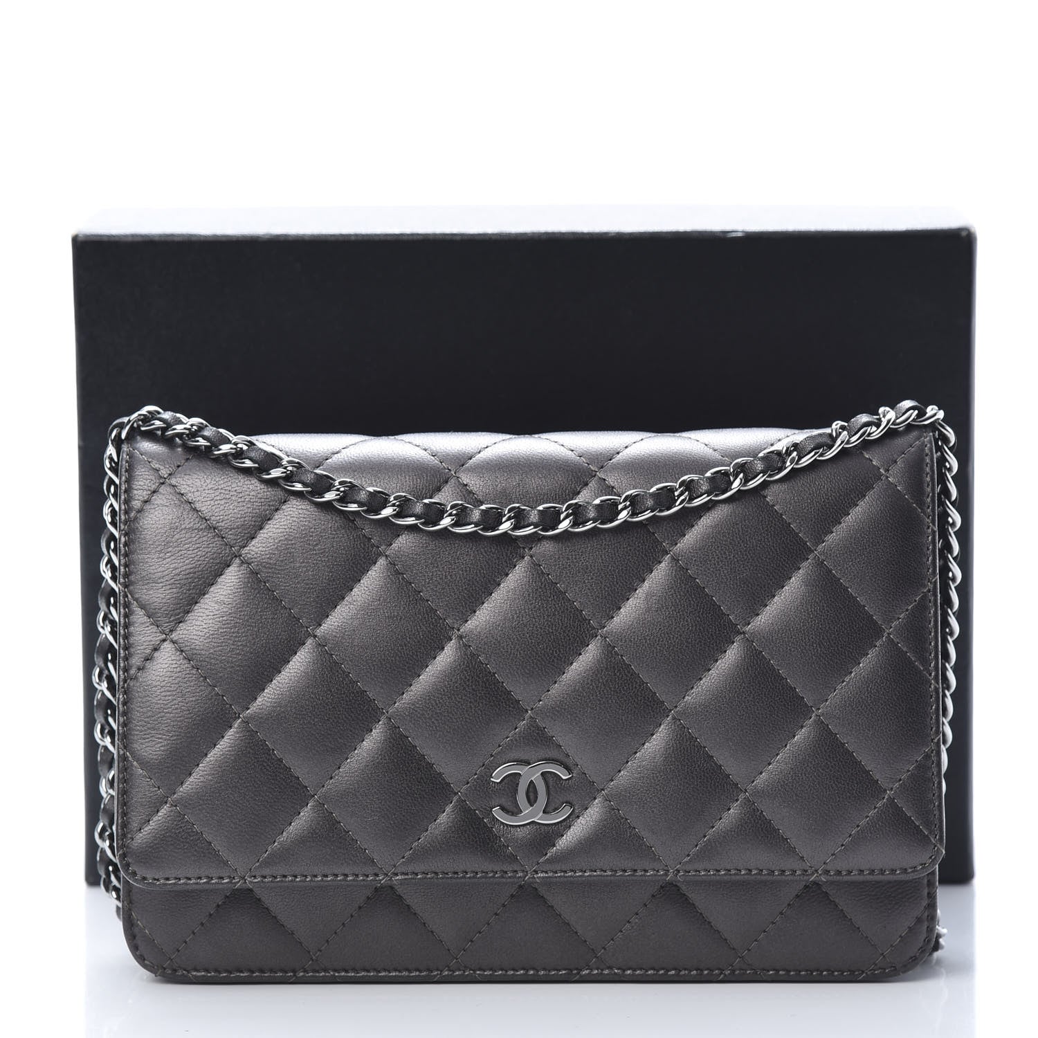 Chanel Iridescent Lambskin Quilted Wallet On Chain WOC Grey 15 of 15