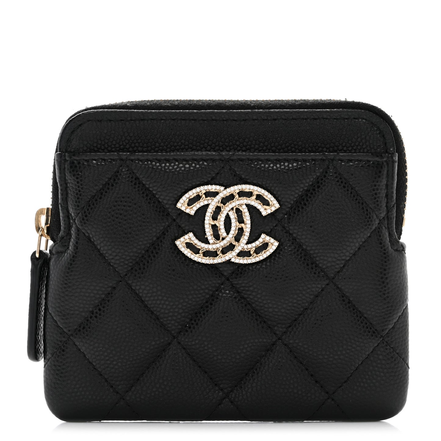 Caviar Quilted Crystal Zip Card Holder Wallet Black