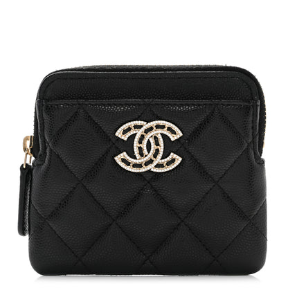 Chanel Caviar Quilted Crystal Zip Card Holder Wallet Black 1 of 9
