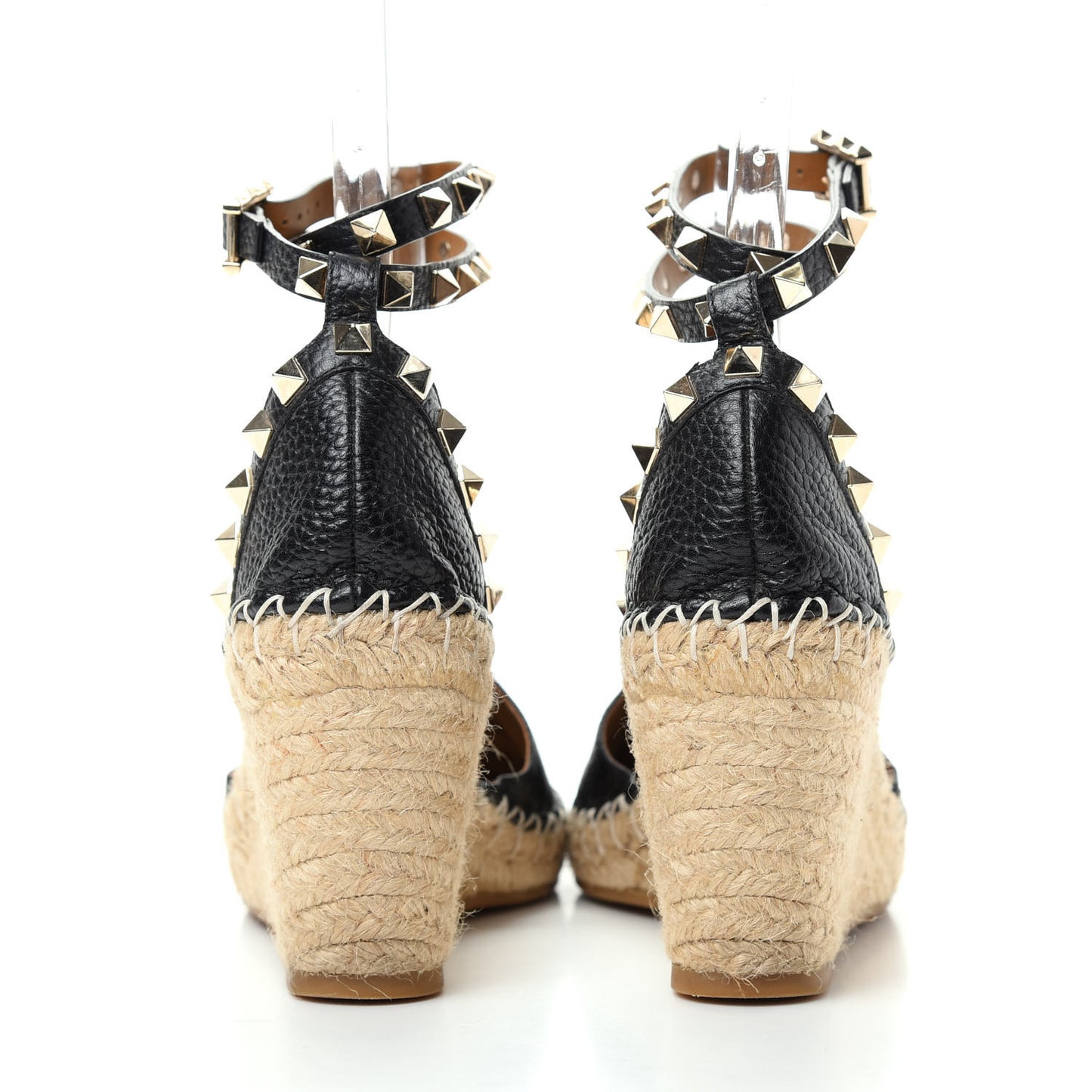 Grained Calfskin Rockstud Ankle Wrap Espadrille 15/85mm Wedges 36 Black Light Cuir
