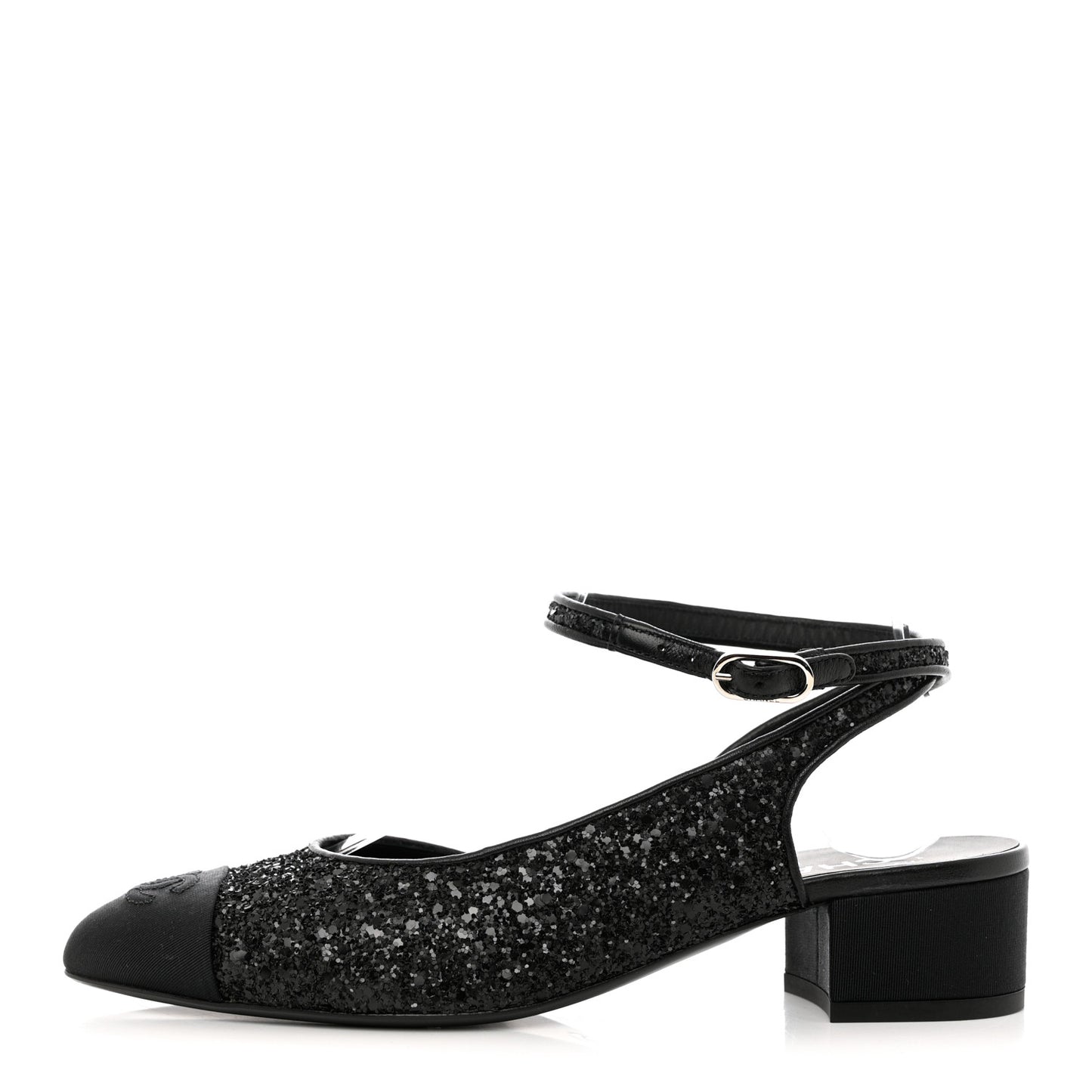 Glitter Grosgrain Cap Toe CC Ankle Wrap Pumps 38 Black