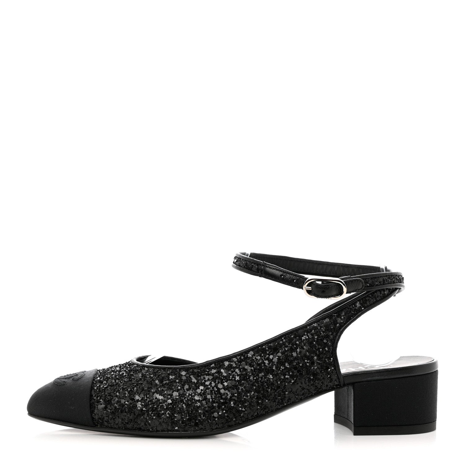 Chanel Glitter Grosgrain Cap Toe CC Ankle Wrap Pumps 38 Black 1 of 9