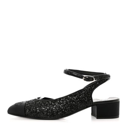 Chanel Glitter Grosgrain Cap Toe CC Ankle Wrap Pumps 38 Black 1 of 9