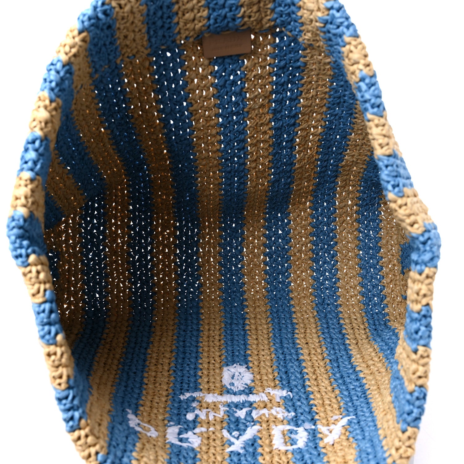 Prada Yarn Raffia Effect Crochet Striped Large Logo Tote Naturale Celeste 5 of 8