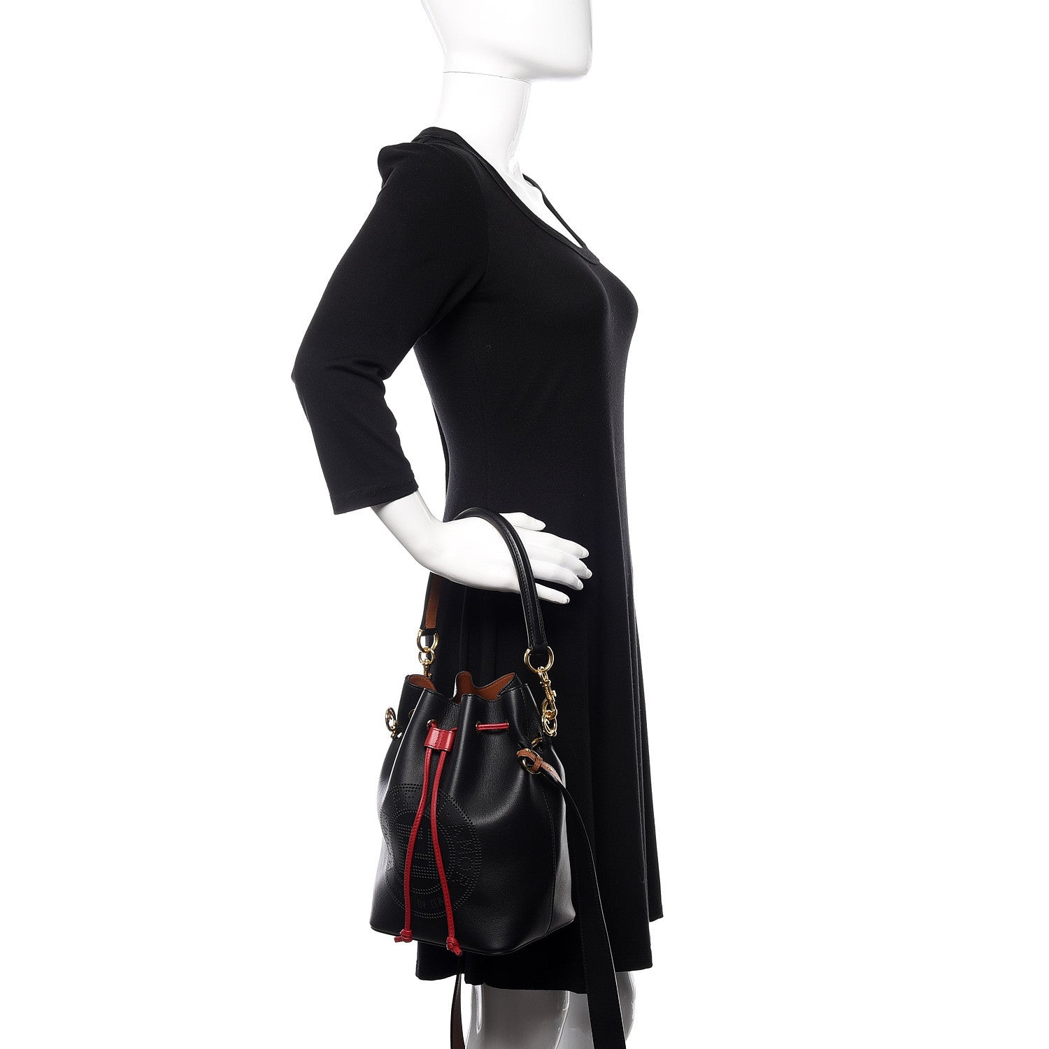 Fendi Vitello Grace F is Fendi Stamp Patch Perforated Small Mon Tresor Bucket Bag Black 3 of 11