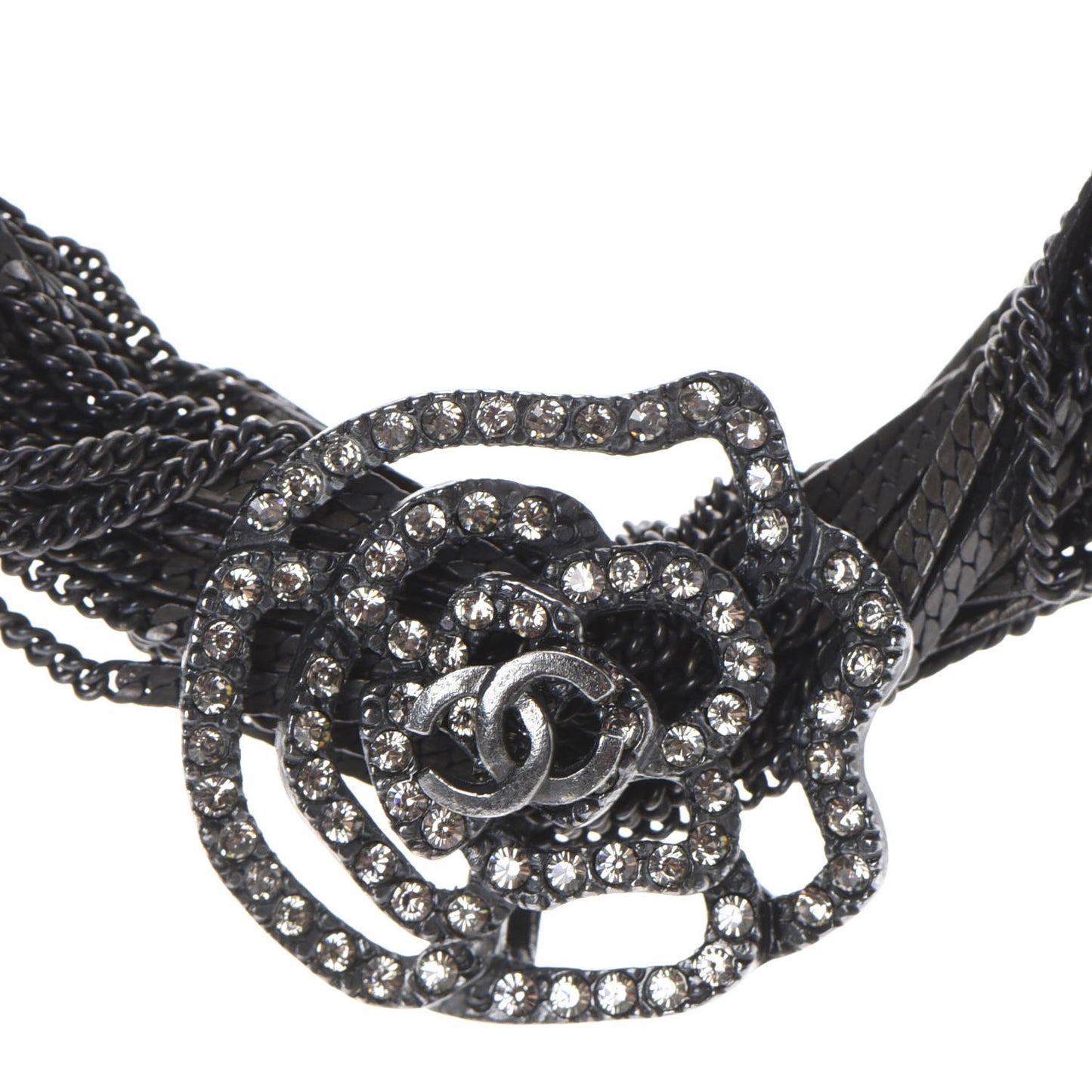 Ruthenium Crystal CC Camellia Multi Strand Necklace Dark Grey