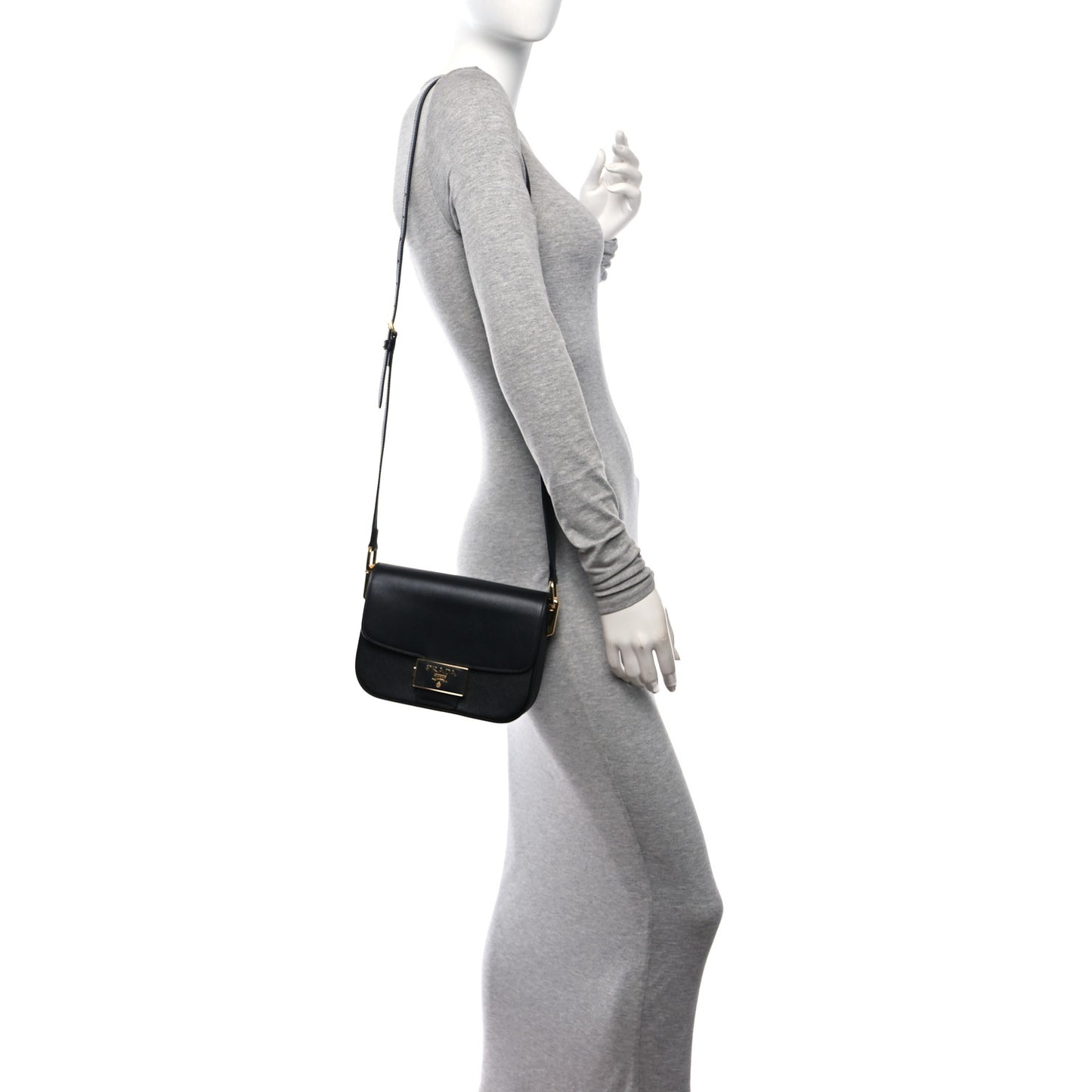 Saffiano Lux Embleme Flap Shoulder Bag Black