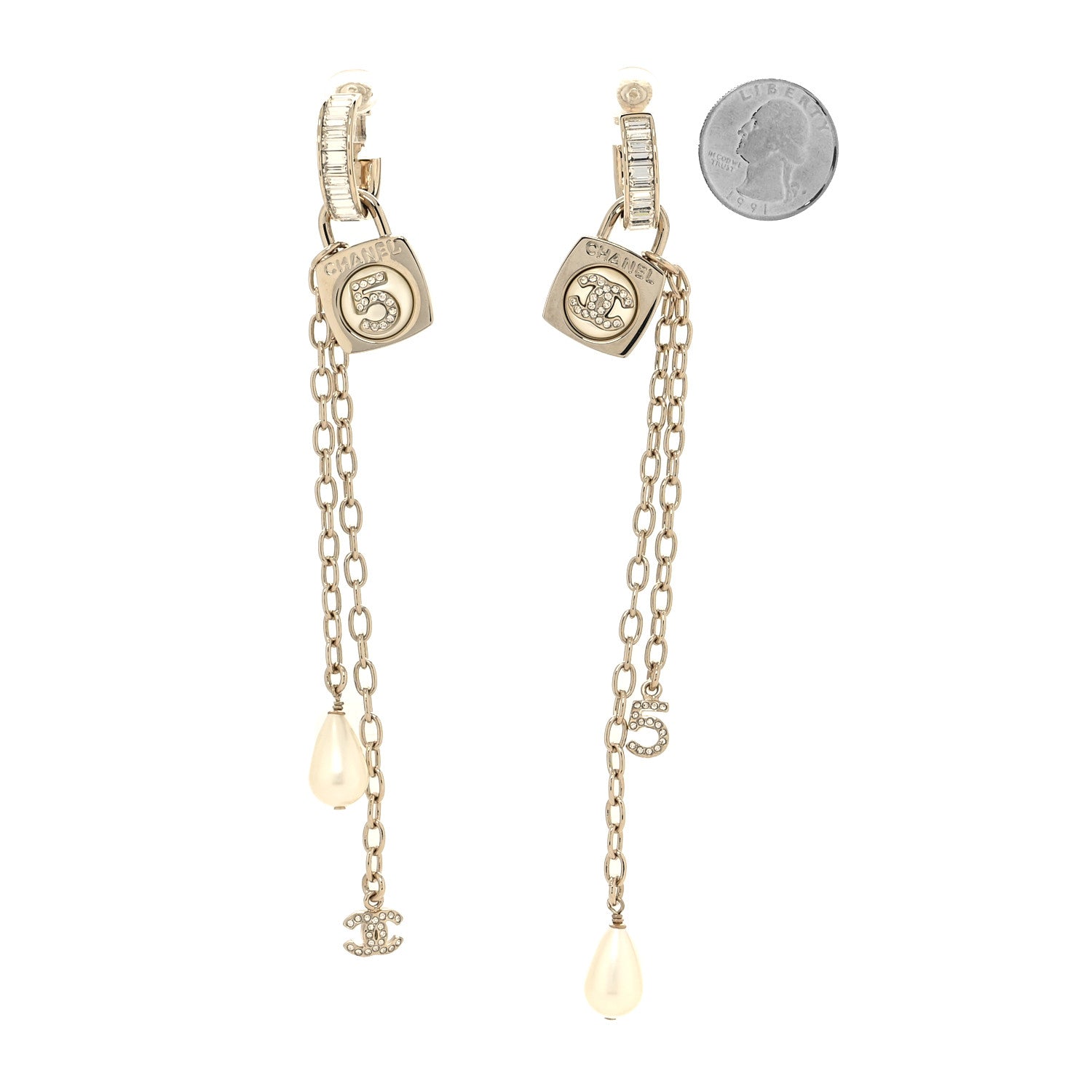 Chanel Pearl Crystal No 5 CC Clip On Pendant Drop Earrings Gold Pearly White 2 of 4
