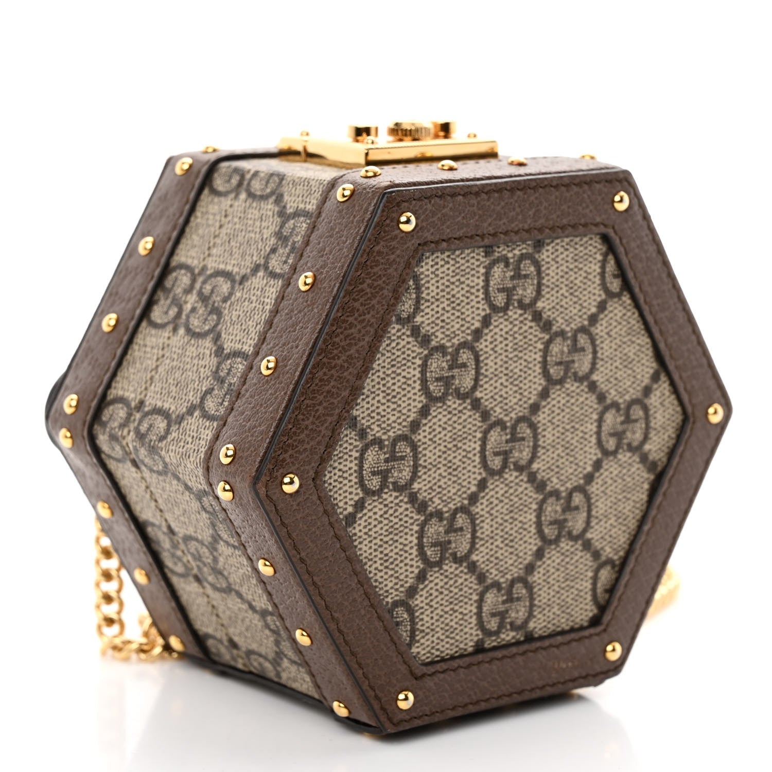 Gucci GG Supreme Monogram Textured Dollar Calfskin Studded Mini Padlock Hexagon Top Handle Case Beige Ebony New Acero 4 of 12