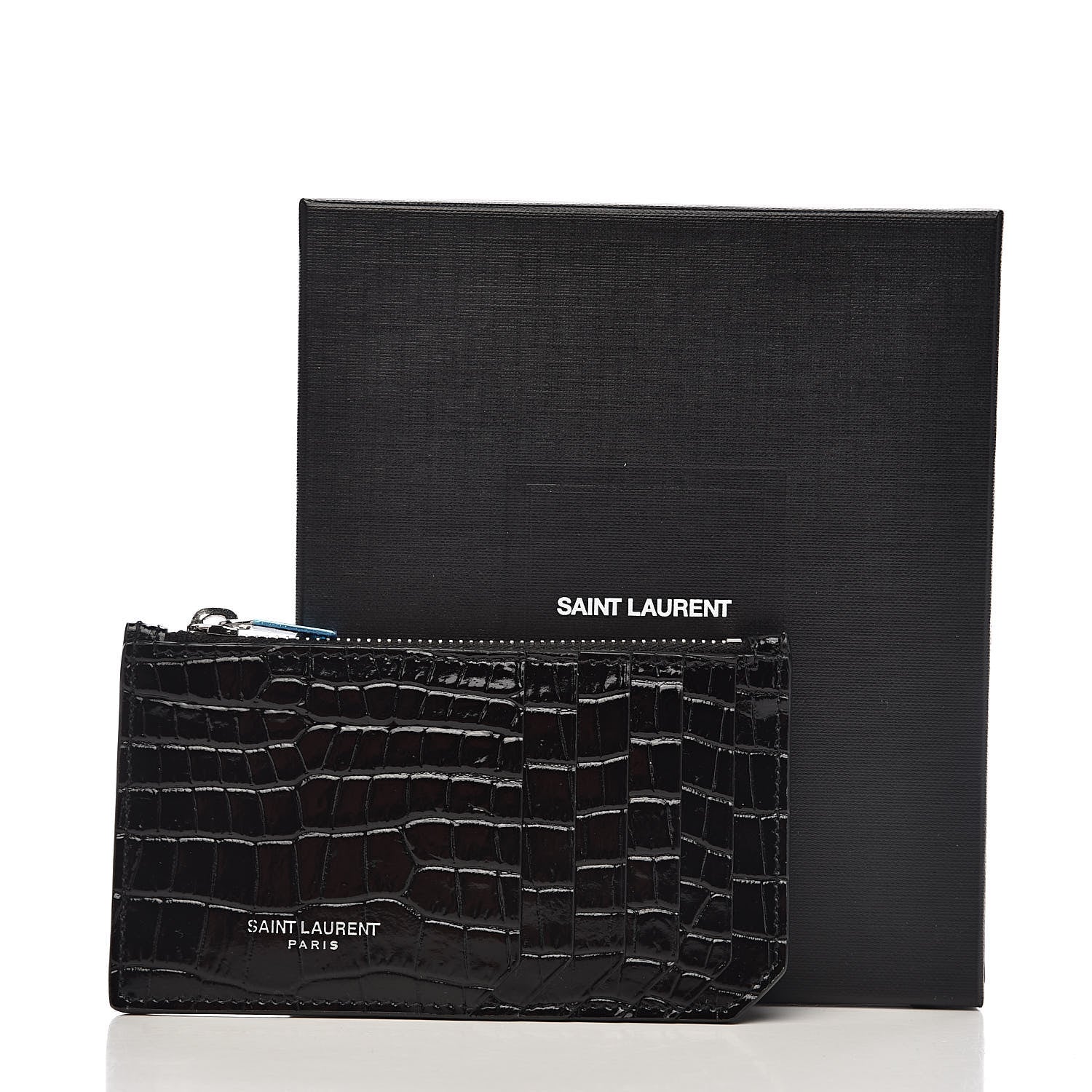 Saint Laurent Calfskin Crocodile Embossed 5 Fragments Zip Pouch Card Holder Black 8 of 8