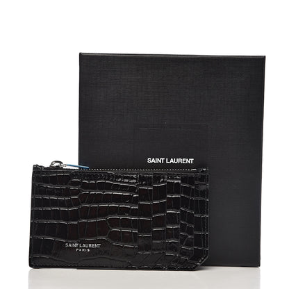 Saint Laurent Calfskin Crocodile Embossed 5 Fragments Zip Pouch Card Holder Black 8 of 8