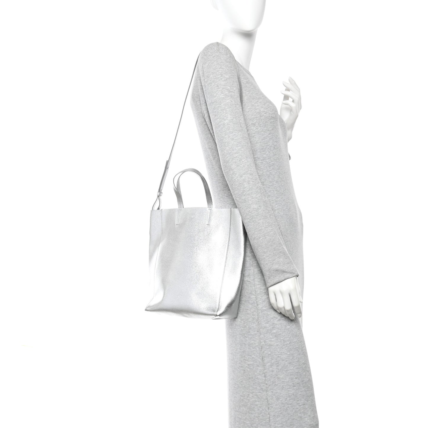 Metallic Grained Calfskin Small Vertical Cabas Silver