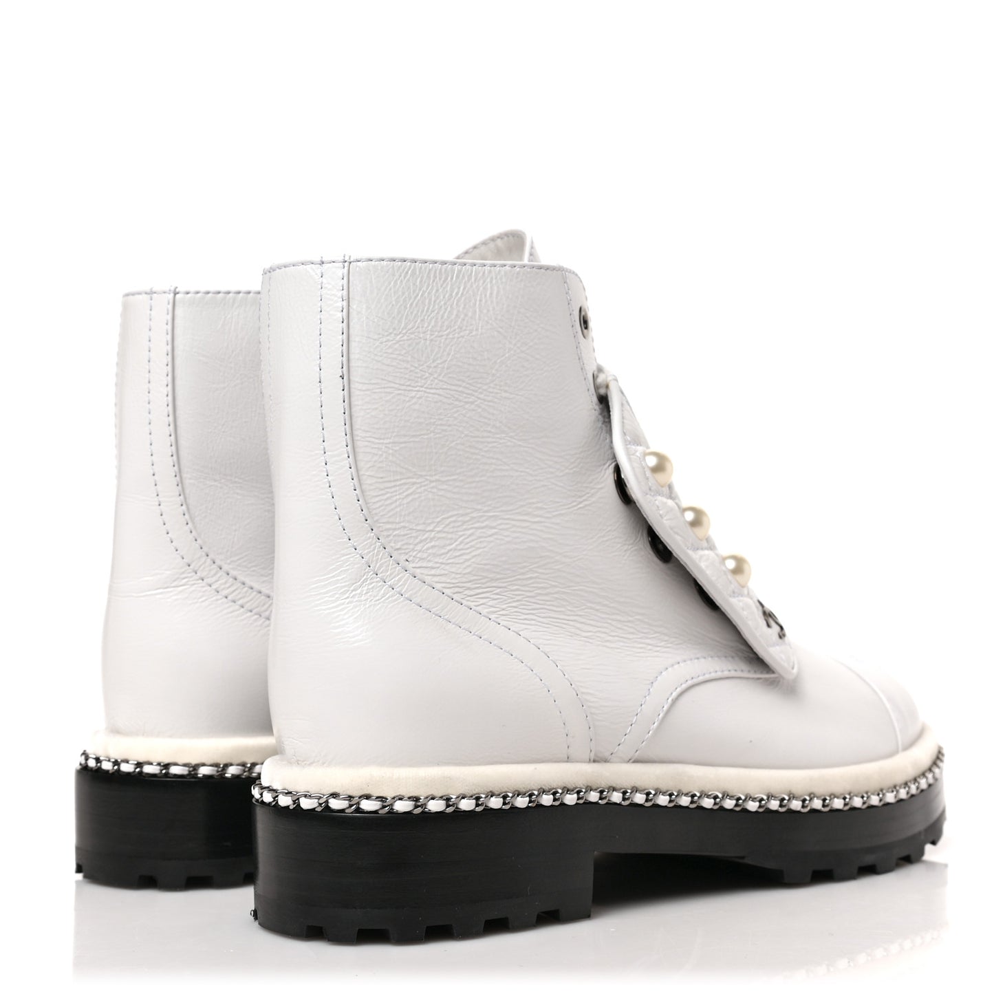 Crackled Calfskin Velvet Pearl Combat Short Boots 36.5 White