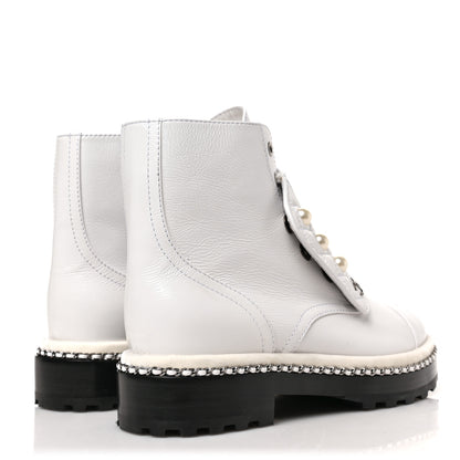 Chanel Crackled Calfskin Velvet Pearl Combat Short Boots 36.5 White 4 of 7