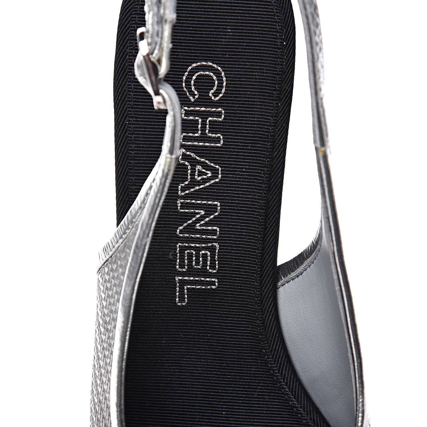 Chanel Woven Plastic Grosgrain Cap Toe CC Slingback Pumps 38 Black Silver 7 of 10