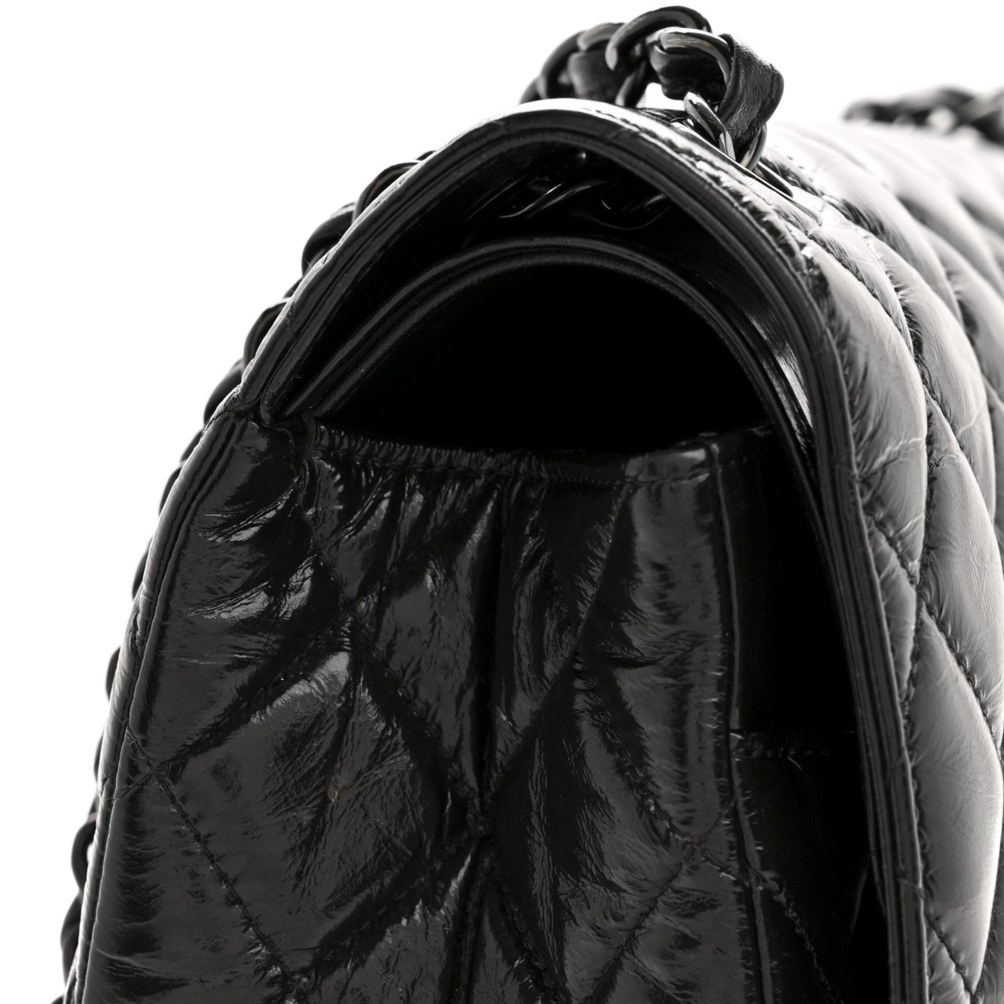 Shiny Crumpled Calfskin Quilted Jumbo Double Flap So Black