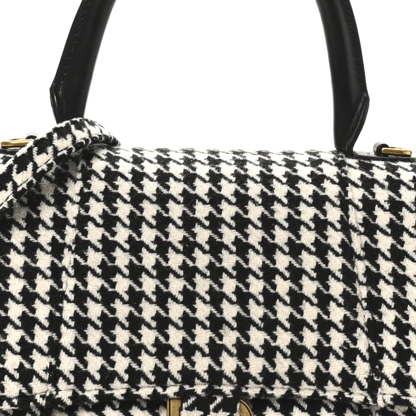 Wool Houndstooth Small Hourglass Top Handle Bag Black White