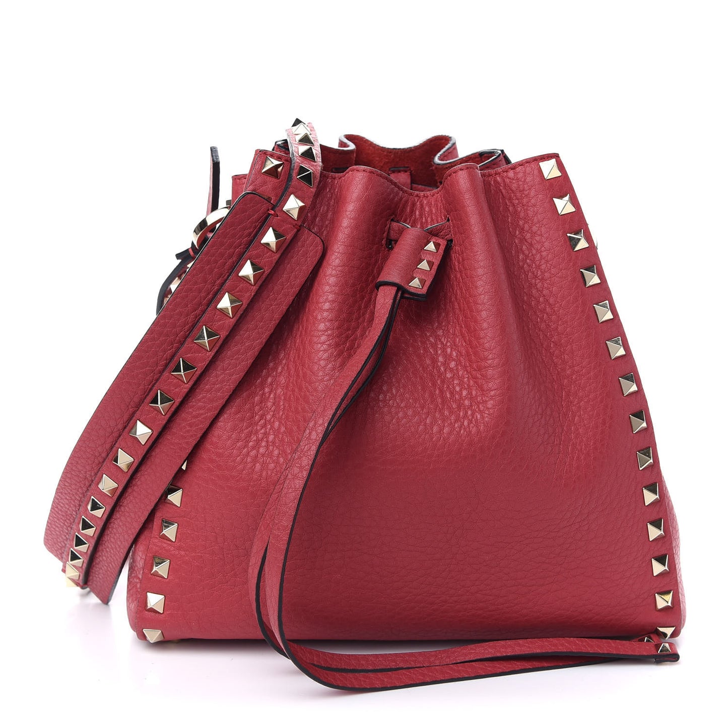 Grained Calfskin Rockstud Bucket Bag Red